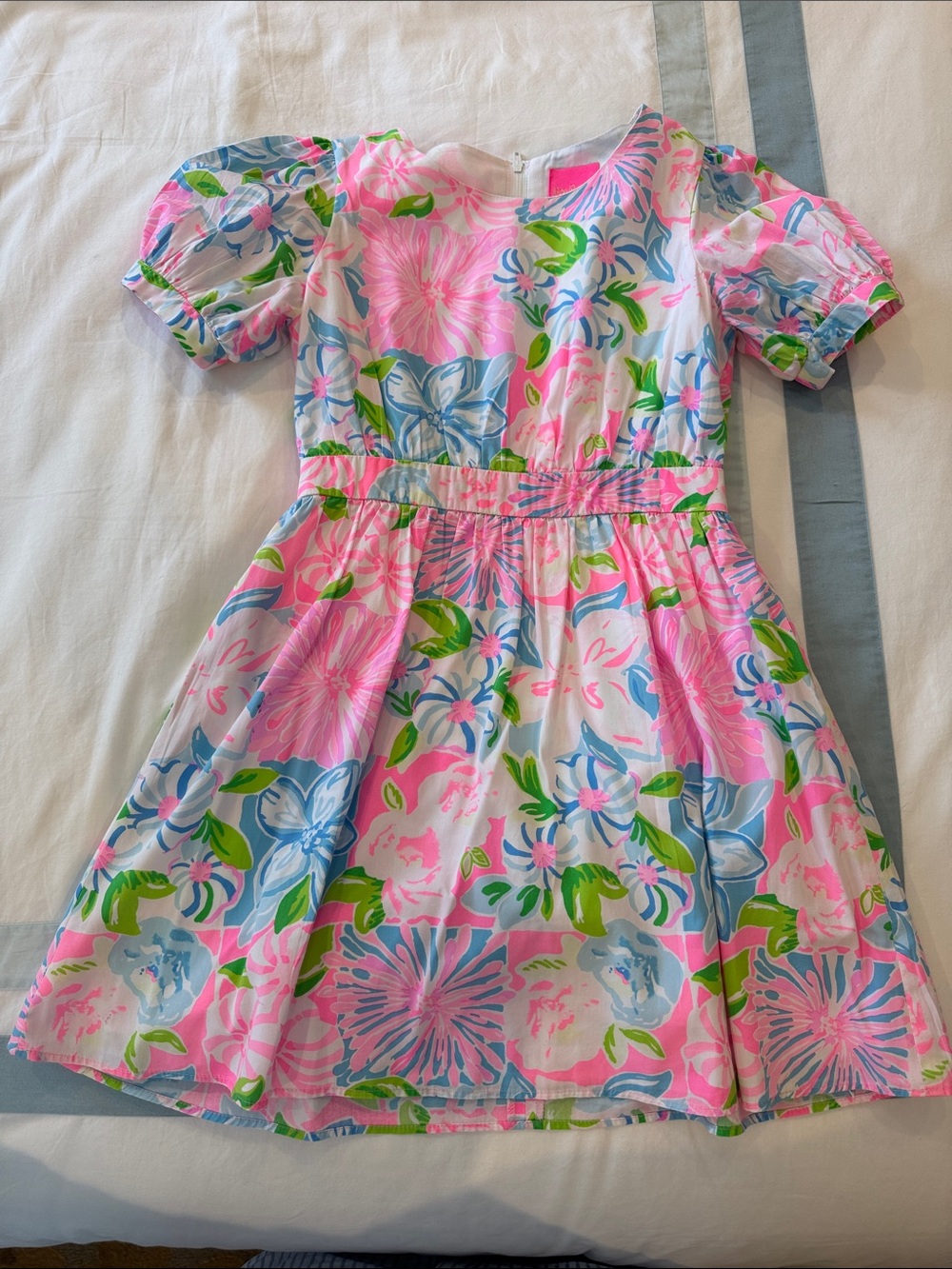 Lilly Pulitzer Pink Blue Green Floral Puff-Sleeve Dress
